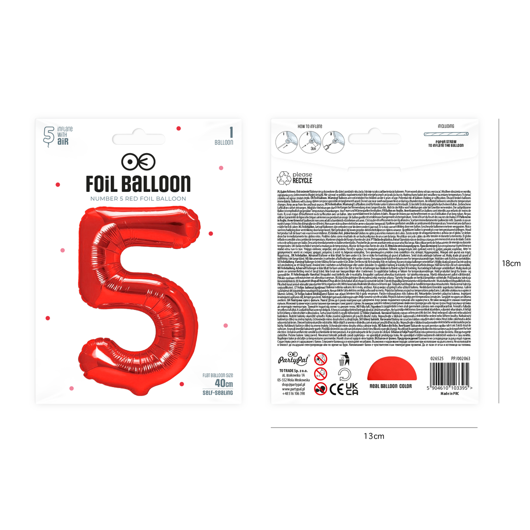 Balon foliowy cyfra 5 czerwony 40cm
