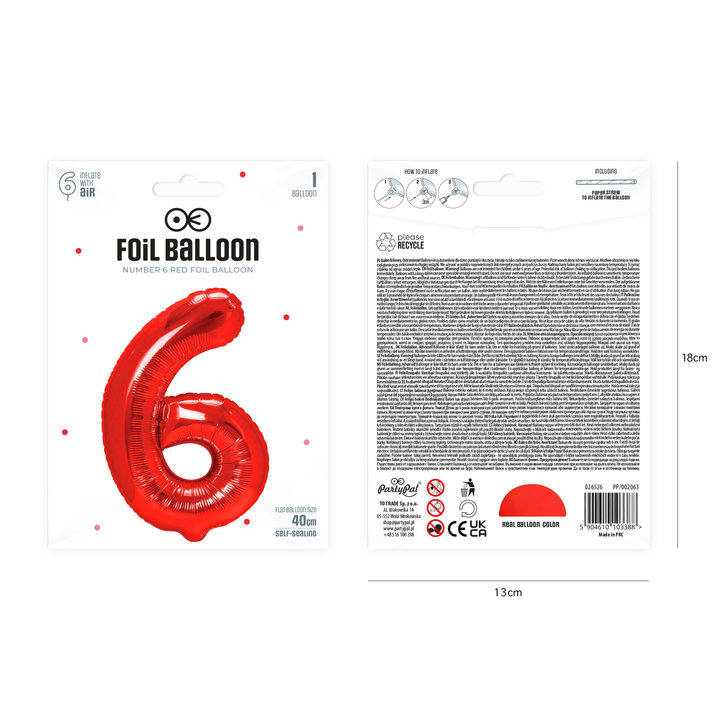 Balon foliowy cyfra 6 czerwony 40cm
