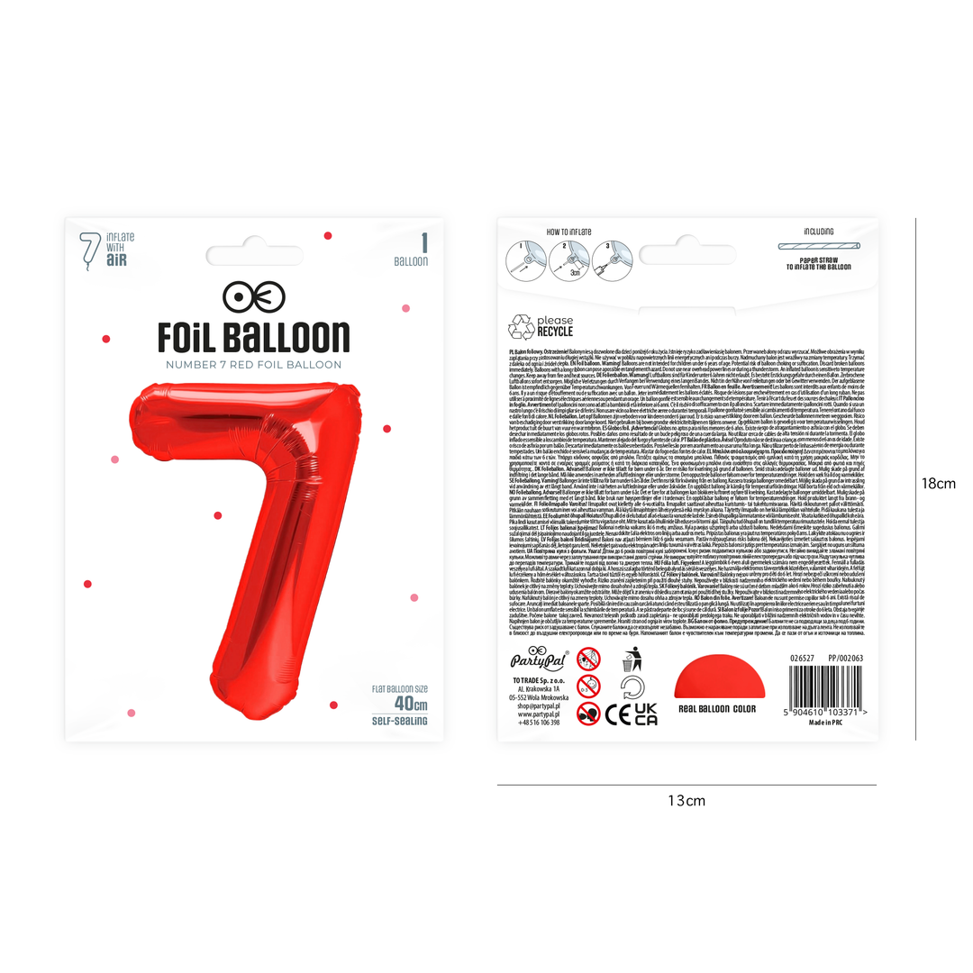 Balon foliowy cyfra 7 czerwony 40cm