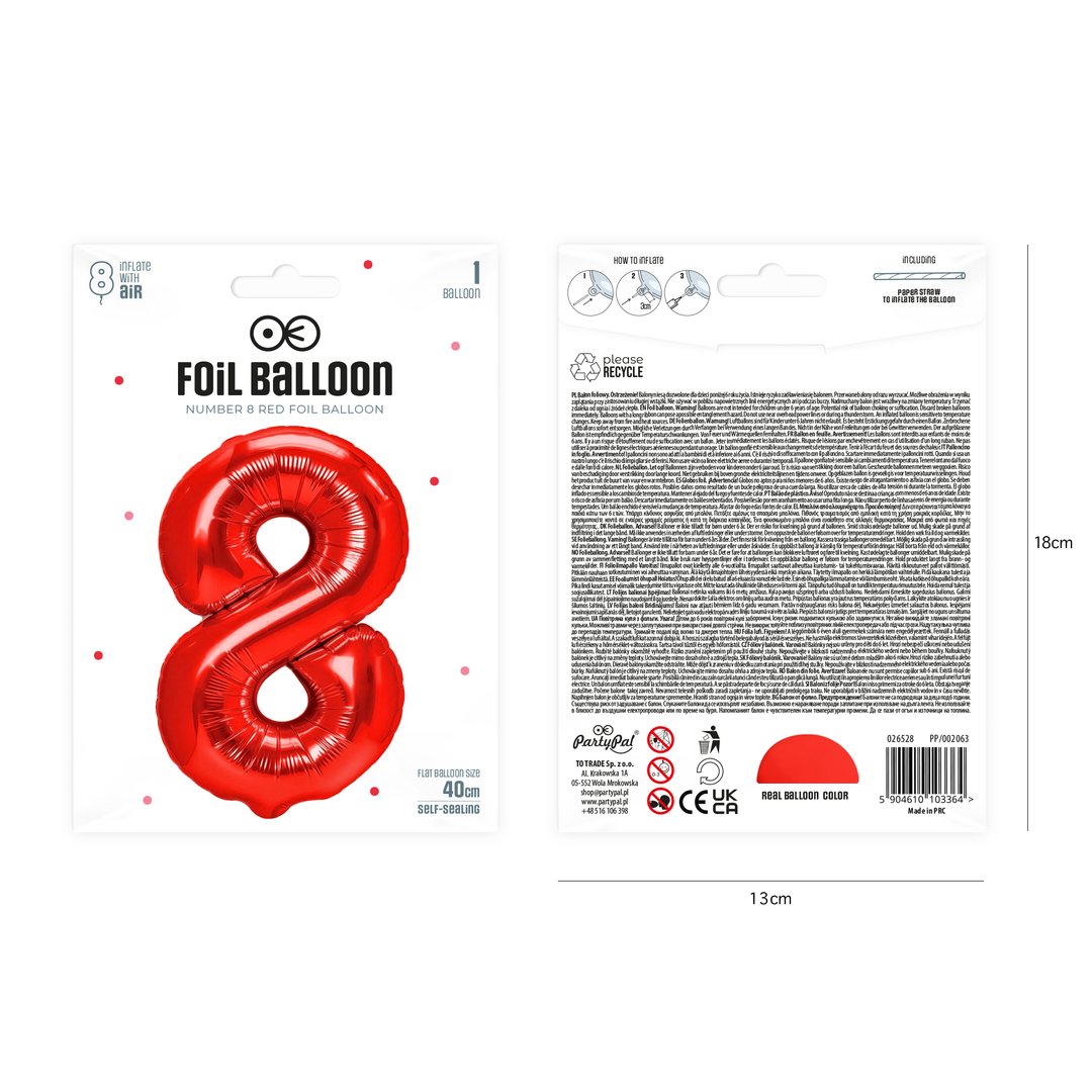Balon foliowy cyfra 8 czerwony 40cm