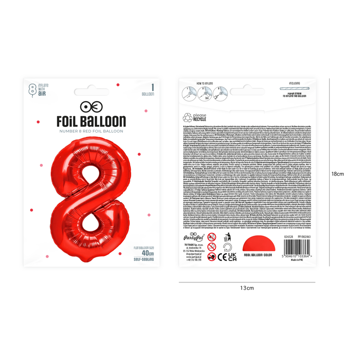 Balon foliowy cyfra 8 czerwony 40cm