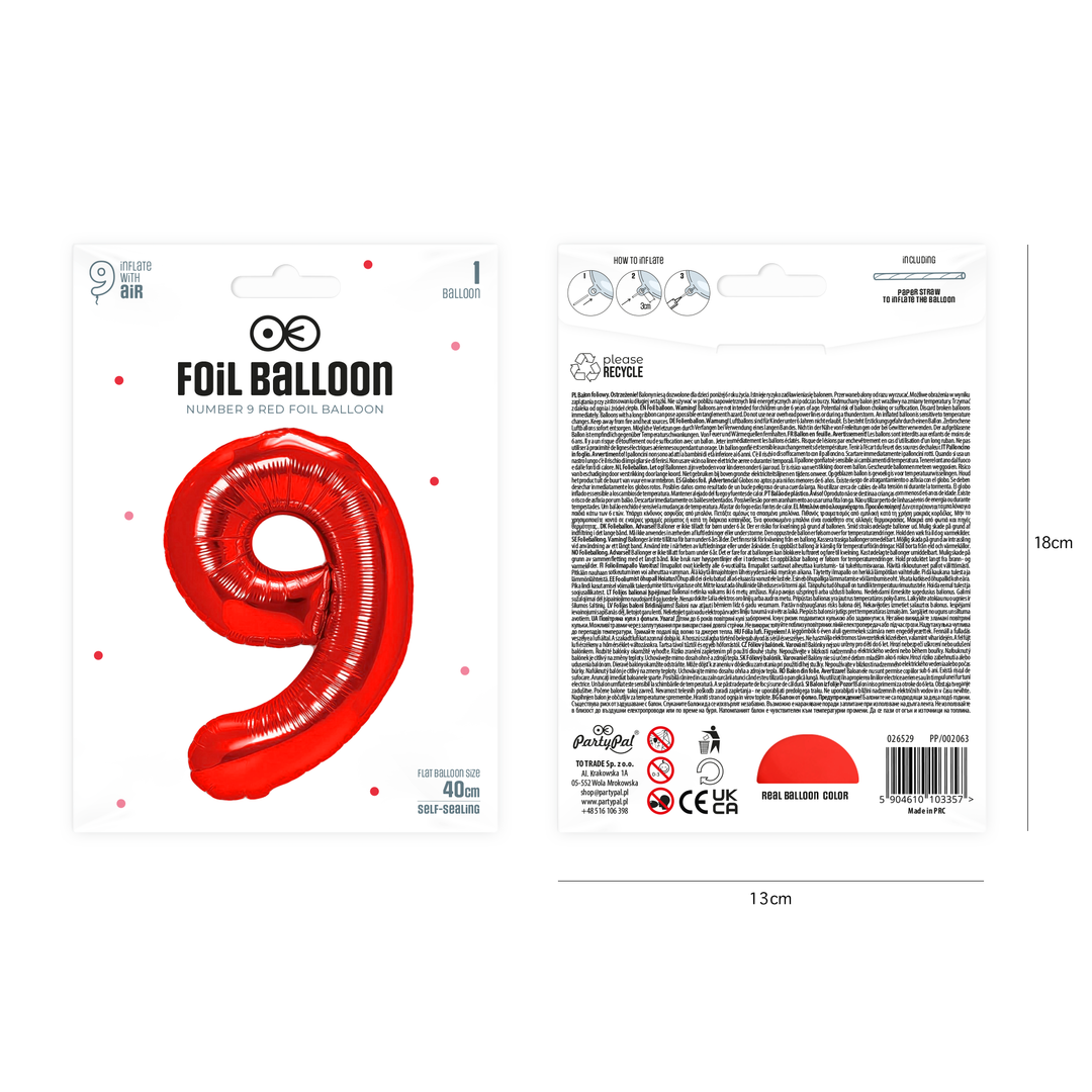 Balon foliowy cyfra 9 czerwony 40cm