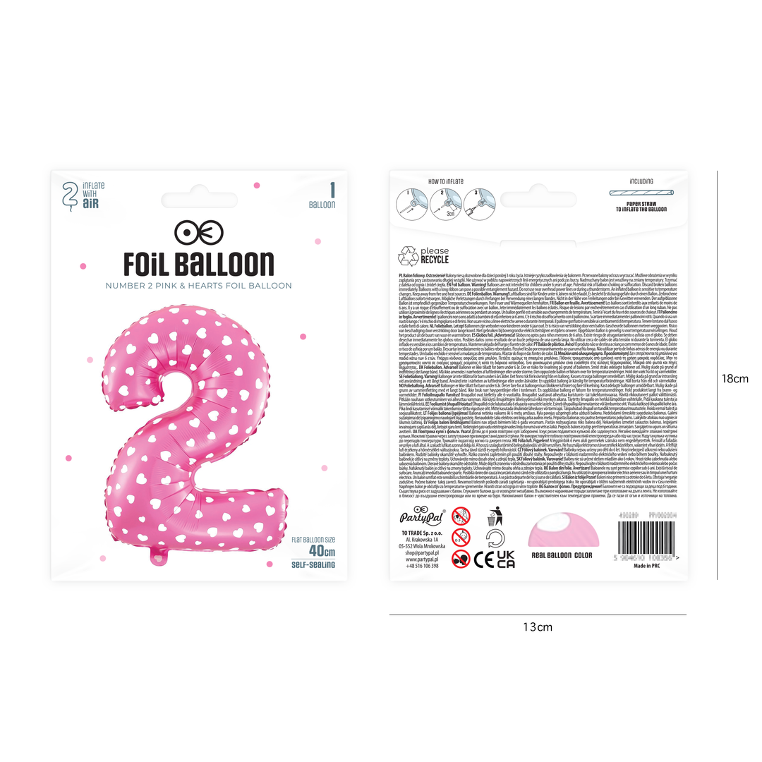 Balon foliowy Serduszka cyfra 2 różowy 40 cm
