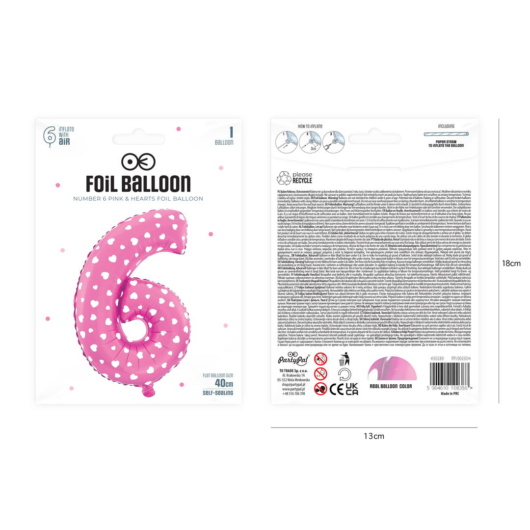 Balon foliowy Serduszka cyfra 6 różowy 40 cm