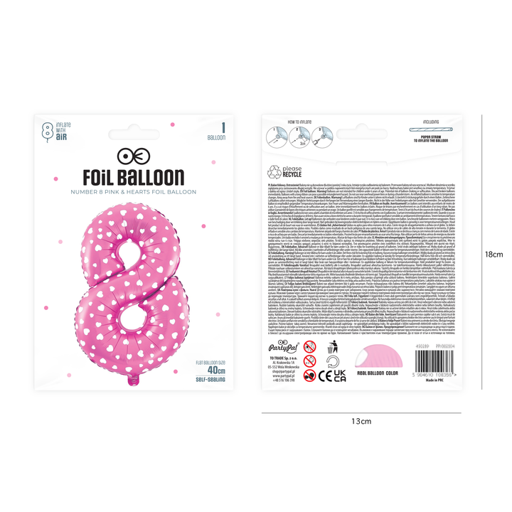Balon foliowy Serduszka cyfra 8 różowy 40 cm