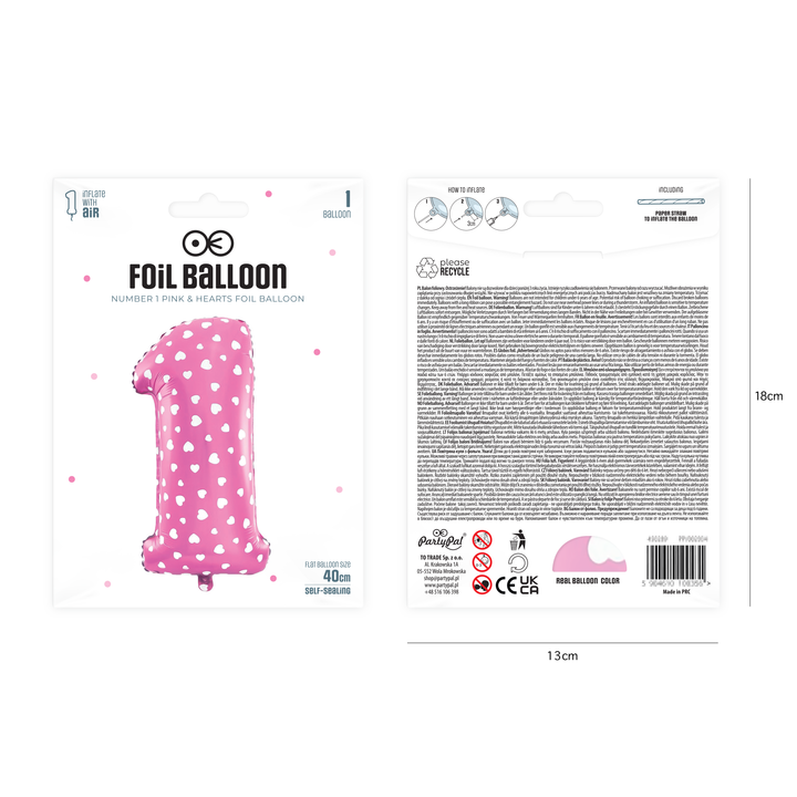 Balon foliowy Serduszka cyfra 1 różowy 40 cm