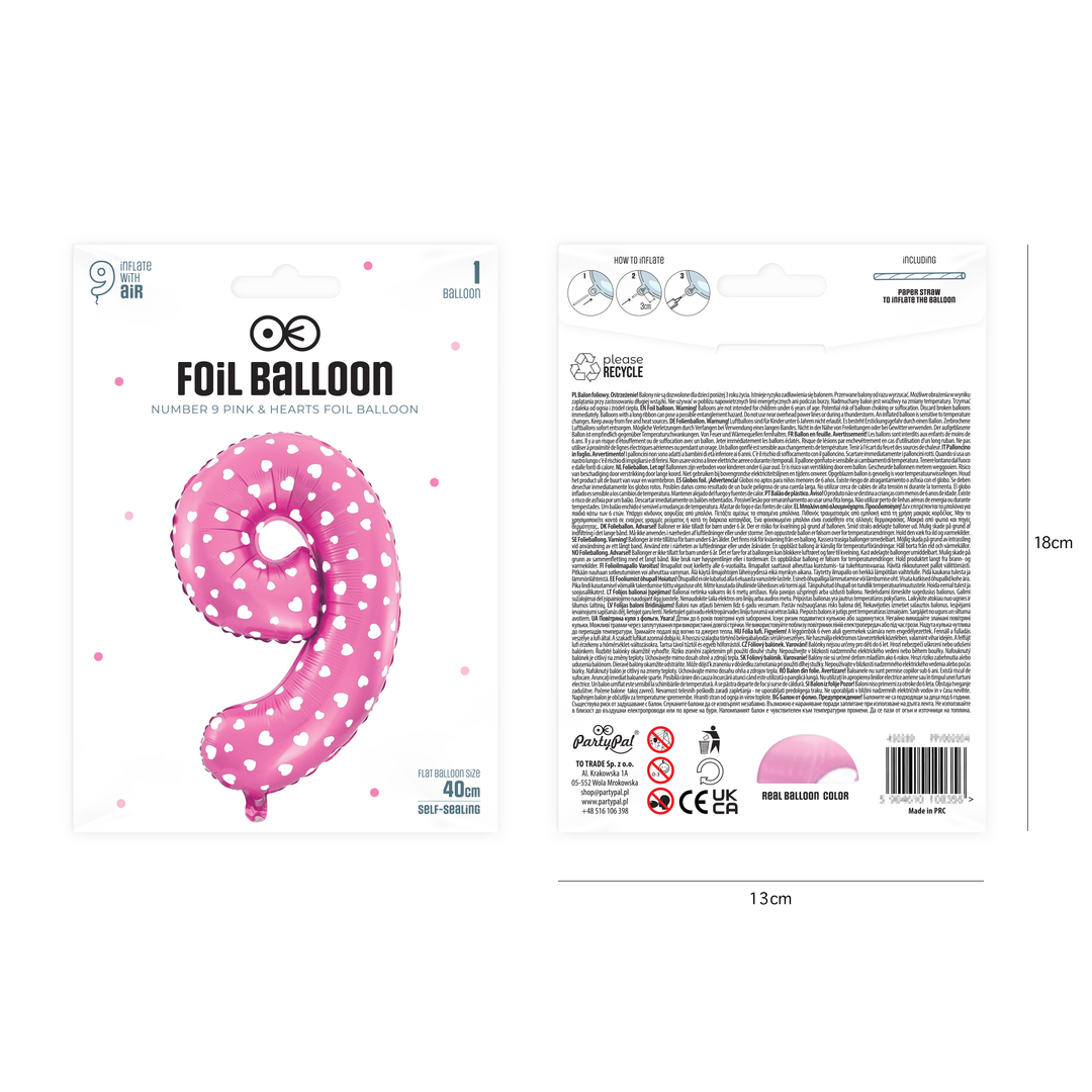 Balon foliowy Serduszka cyfra 9 różowy 40 cm