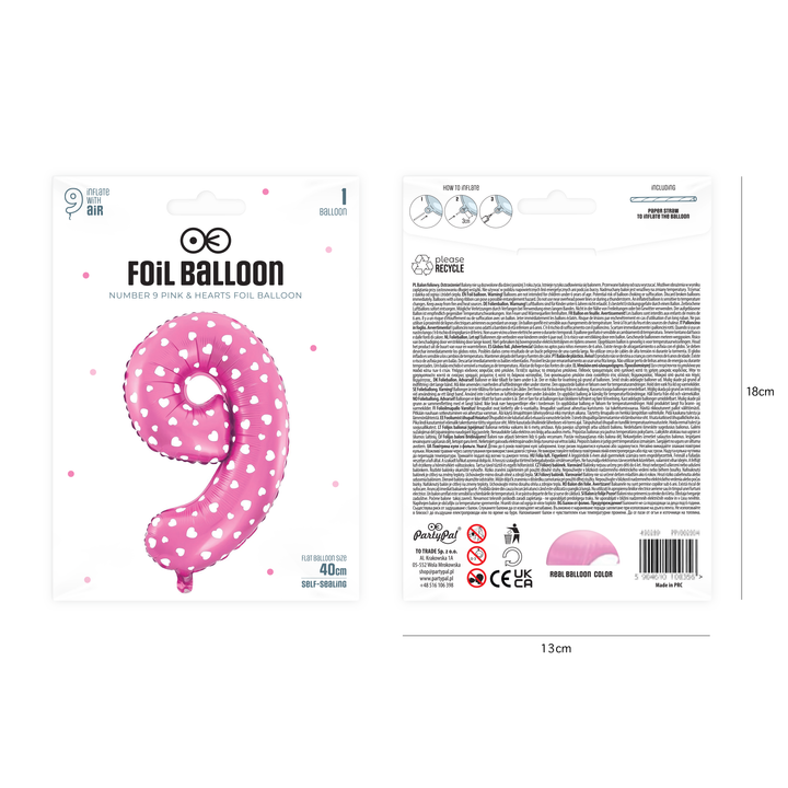 Balon foliowy Serduszka cyfra 9 różowy 40 cm