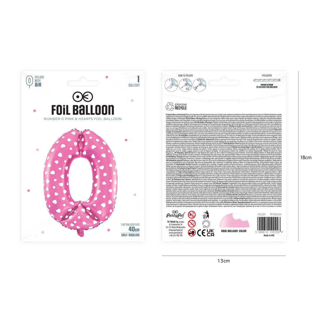 Balon foliowy Serduszka cyfra 0 różowy 40 cm