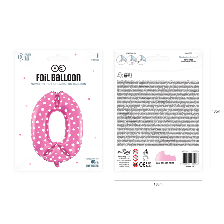 Balon foliowy Serduszka cyfra 0 różowy 40 cm