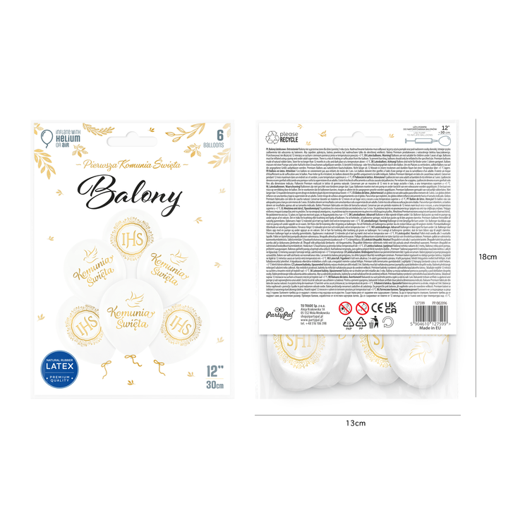 Communion balloons biodegradable Holy Communion IHS white and gold 12 inches 6 pcs set