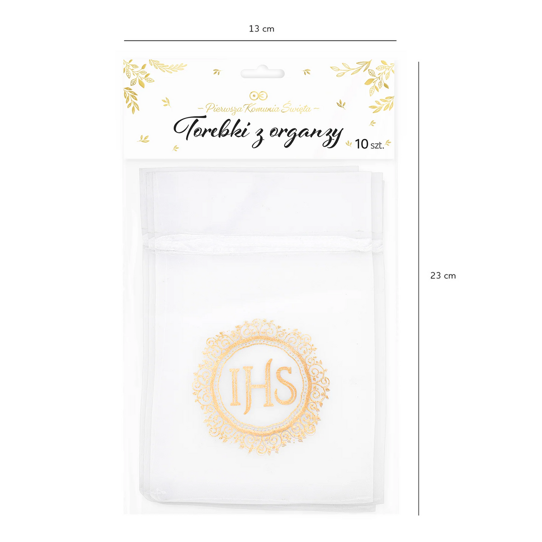 Woreczki z organzy IHS biało-złote 10szt.