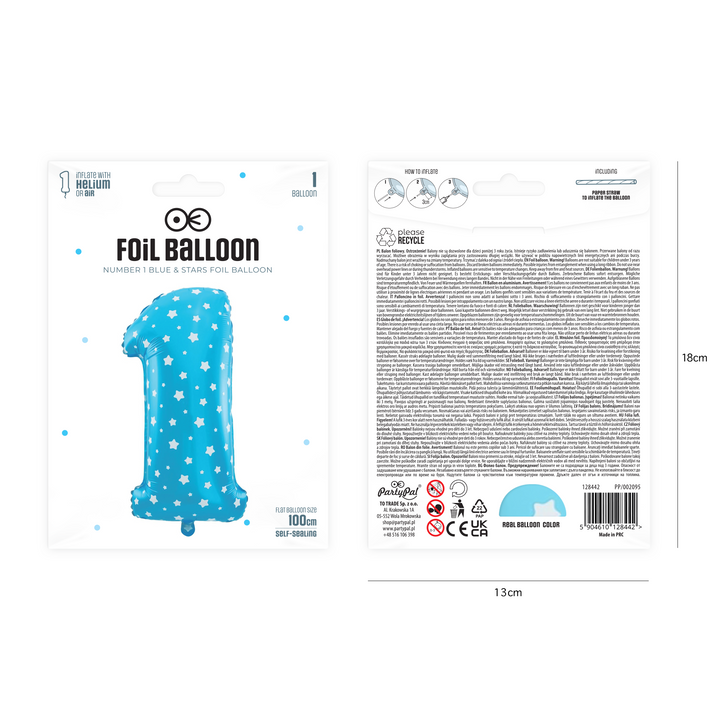 Stars foil balloon number 1 blue 100cm