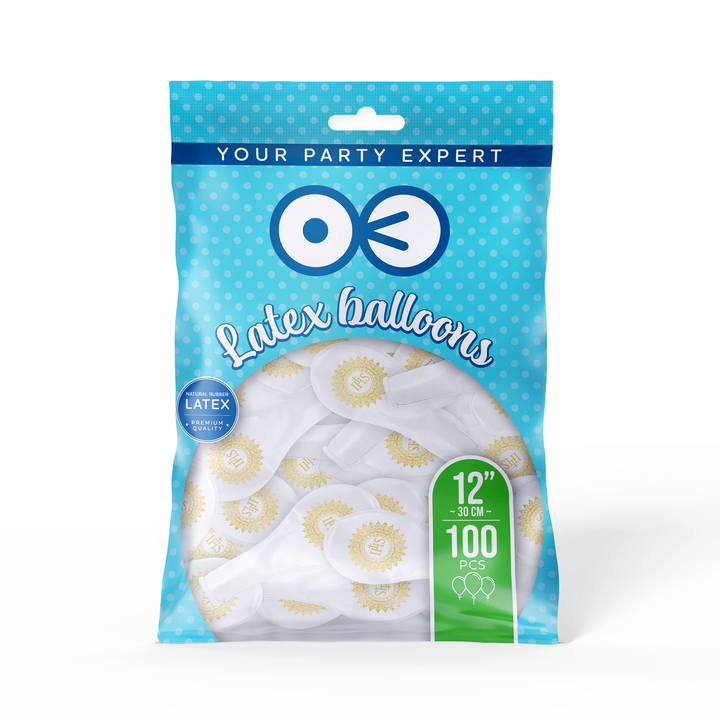 Communion balloons biodegradable IHS white and gold 12 inches 100 pcs.