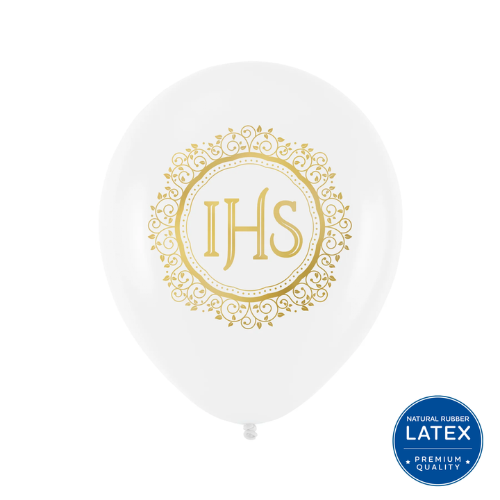 Communion balloons biodegradable IHS white and gold 12 inches 100 pcs.