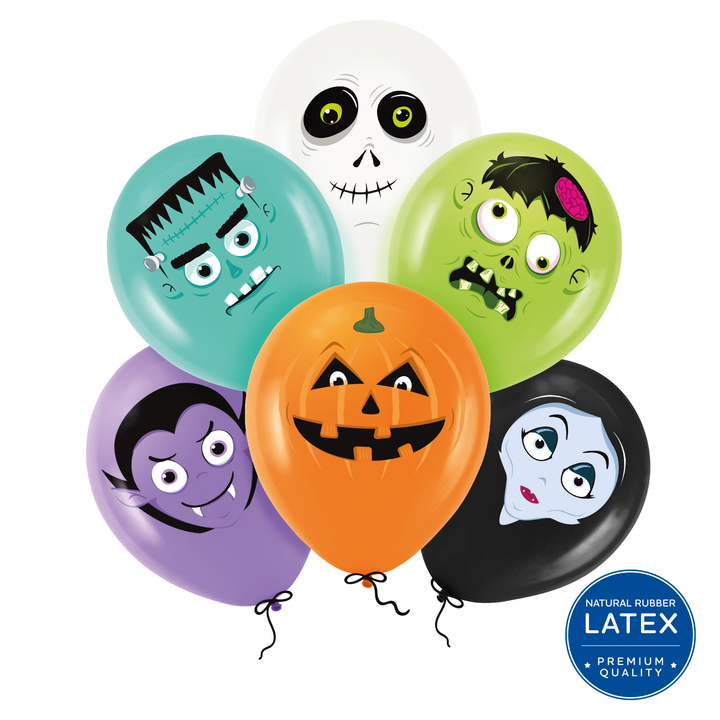 Globos de látex biodegradables «Halloween Monsters», 12 pulgadas, 6 unidades.