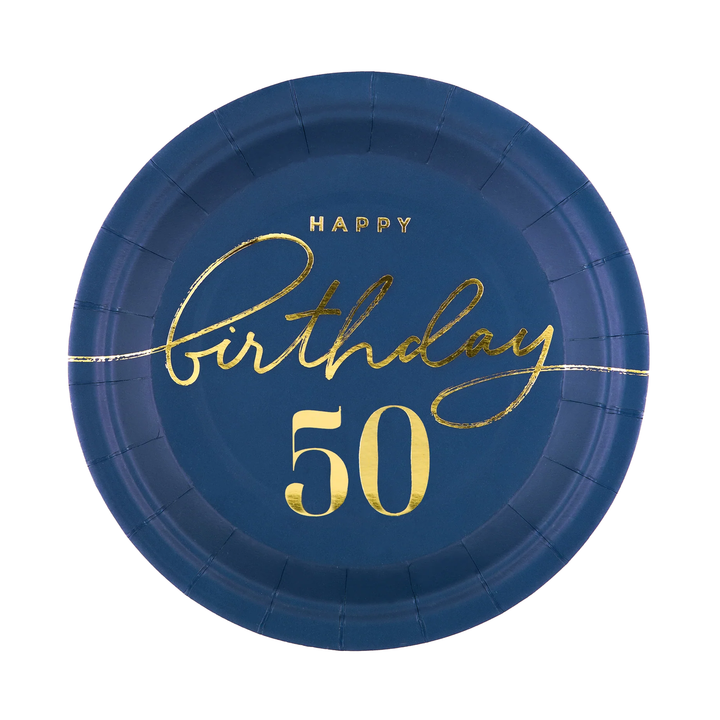 Talerzyk papierowy Happy Birthday 50 granatowy 7cali 6szt.