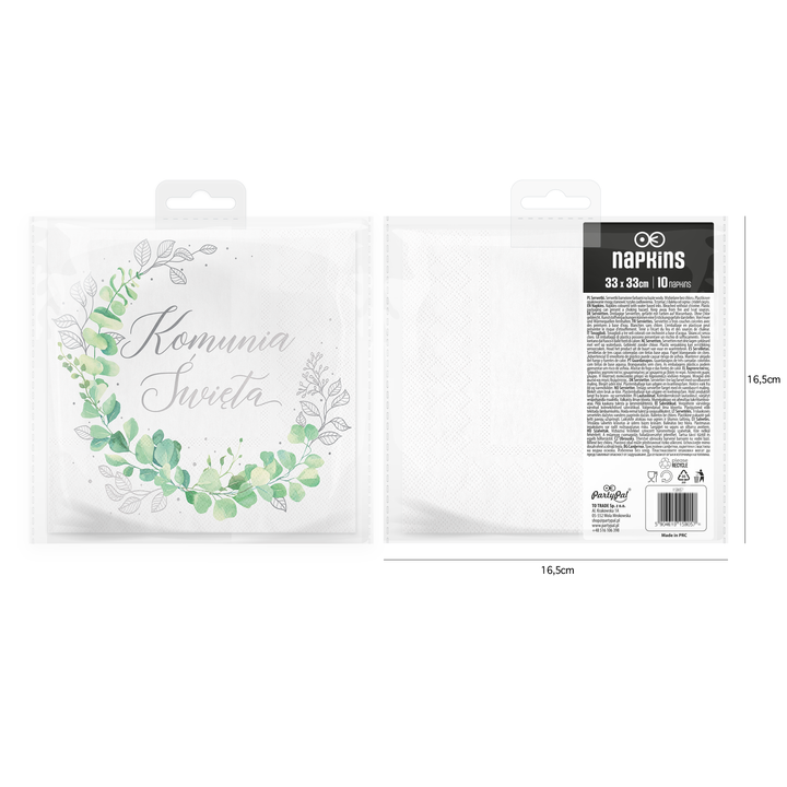 Kommunion-Servietten „Heilige Kommunion“ – Silber-Eukalyptus, 10 Stück
