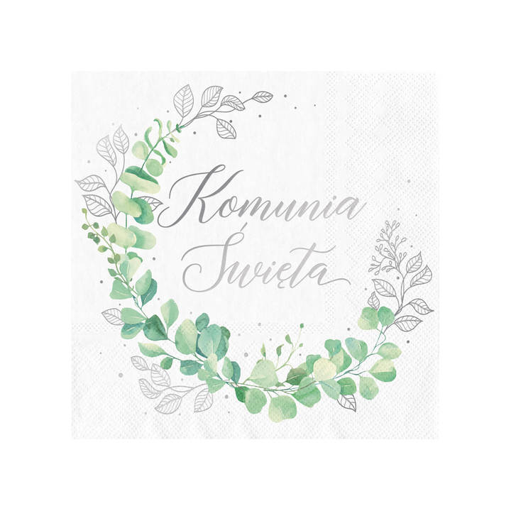 Kommunion-Servietten „Heilige Kommunion“ – Silber-Eukalyptus, 10 Stück