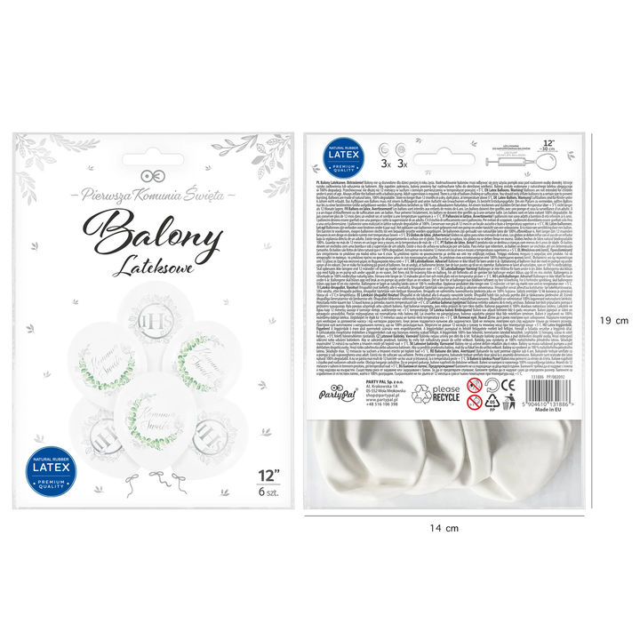 Balony Premium Komunia Eukaliptus srebrny 12cali 6szt. zestaw
