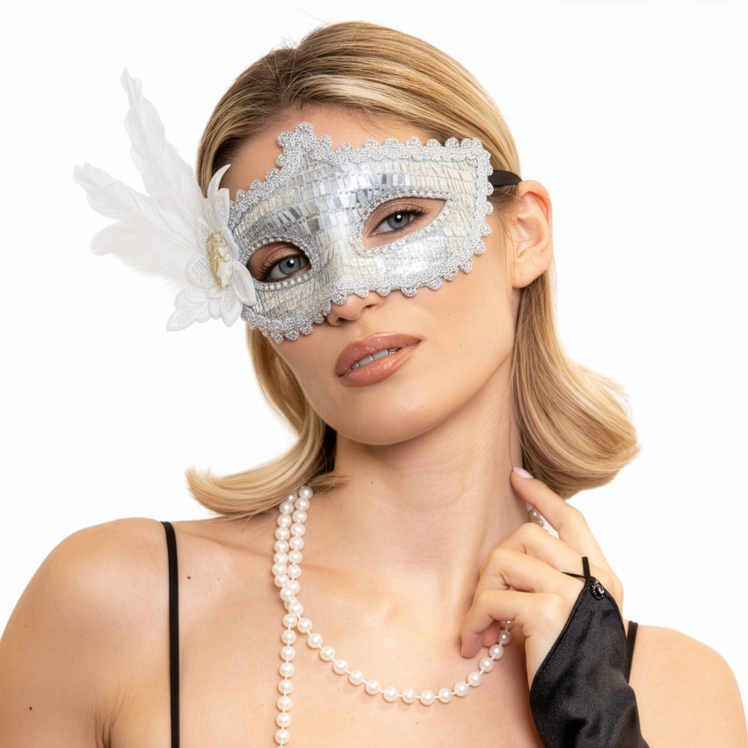 Maska karnawałowa z piórami srebrna 24x10cm