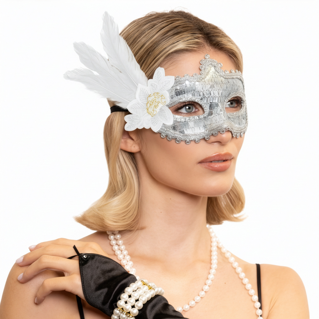 Maska karnawałowa z piórami srebrna 24x10cm