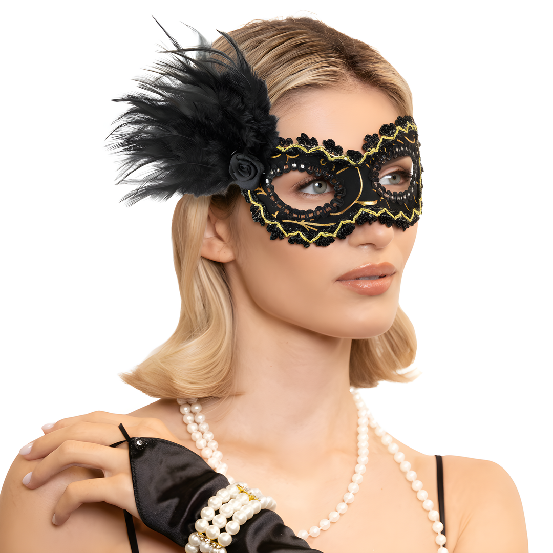 Maska karnawałowa z piórami czarno-złota 20x7,5cm