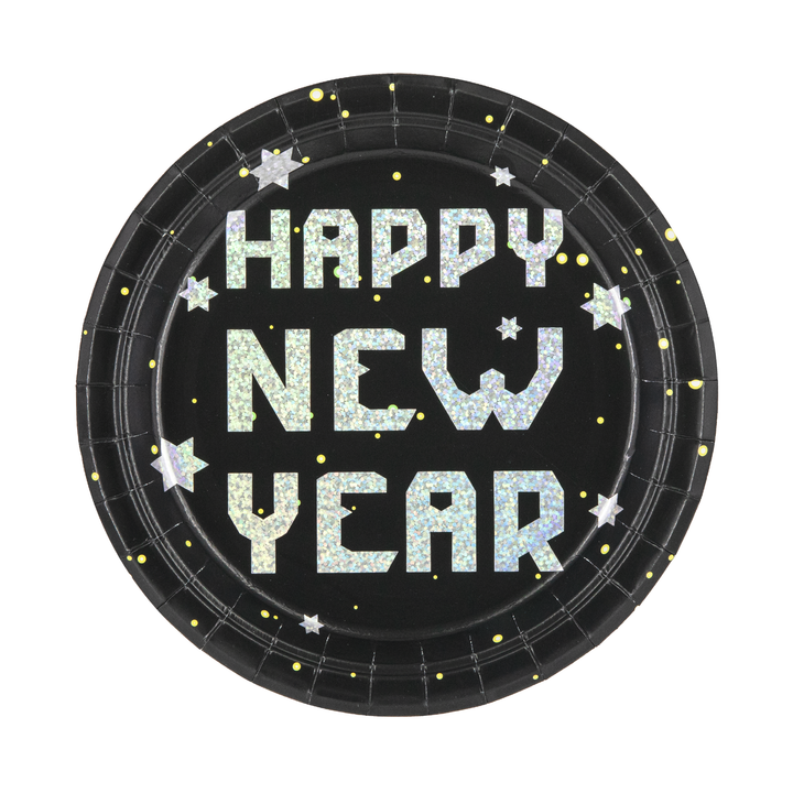 Talerzyk papierowy Happy New Year czarno-srebrny 7cali 6szt.