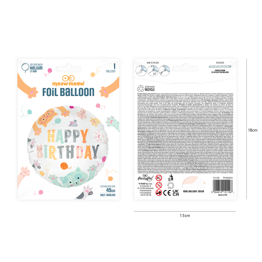 Balon foliowy Happy Birthday Kotki 45cm