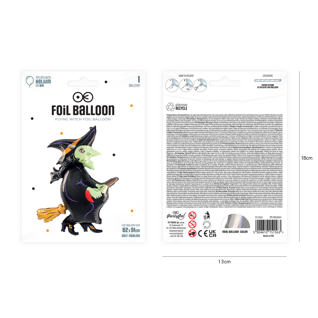 Balon foliowy Czarownica na miotle Halloween 82x91cm