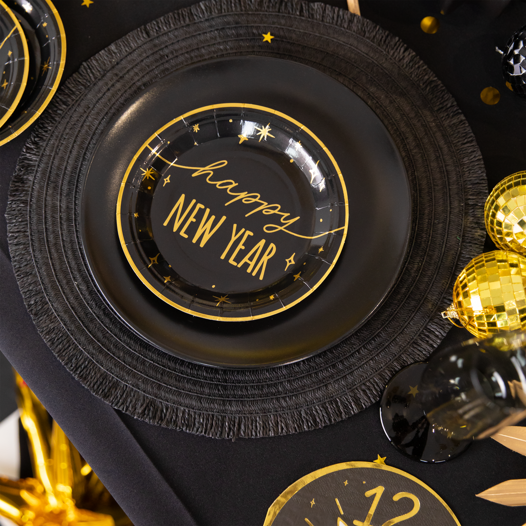 Talerzyk papierowy Happy New Year czarno-złoty 7cali 6szt.