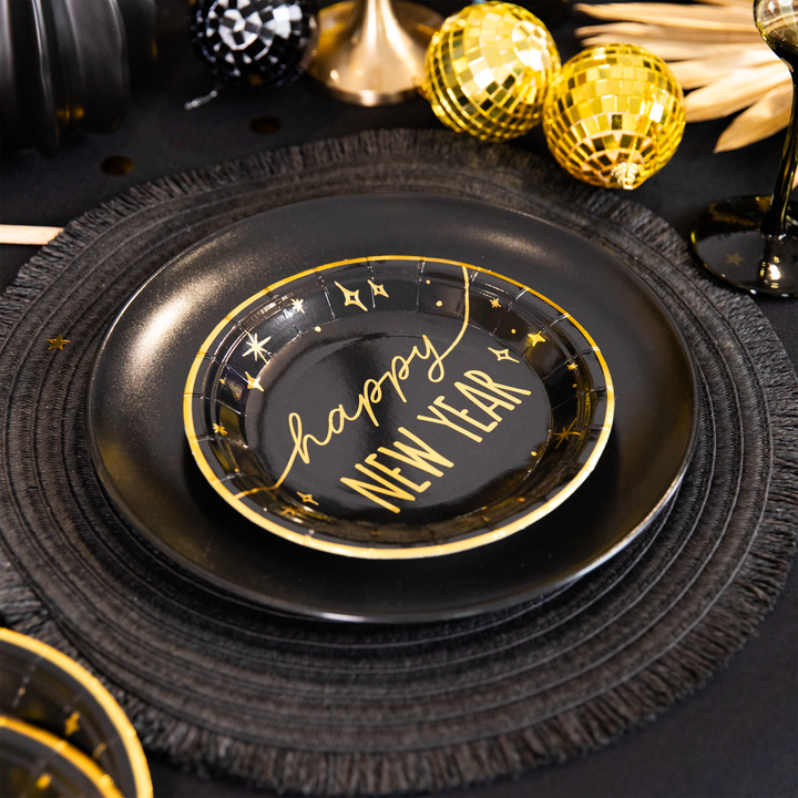 Talerzyk papierowy Happy New Year czarno-złoty 7cali 6szt.