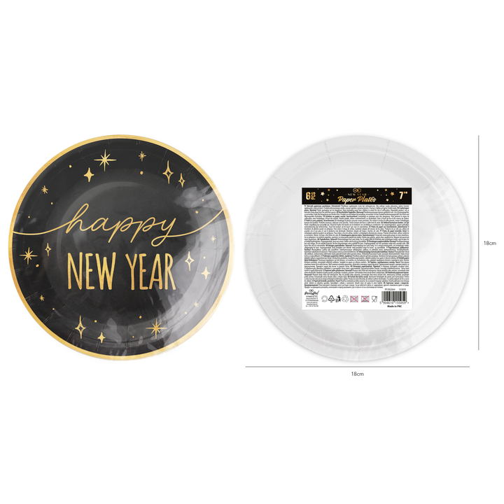 Talerzyk papierowy Happy New Year czarno-złoty 7cali 6szt.