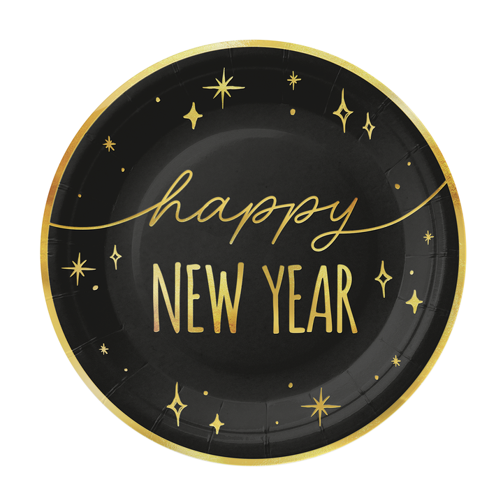 Talerzyk papierowy Happy New Year czarno-złoty 7cali 6szt.