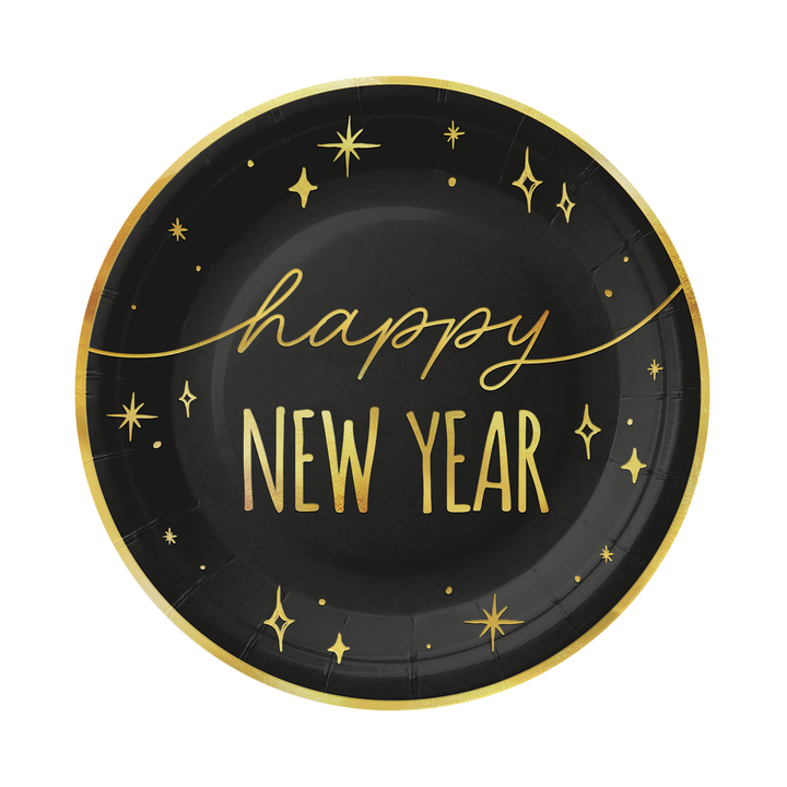 Talerzyk papierowy Happy New Year czarno-złoty 7cali 6szt.