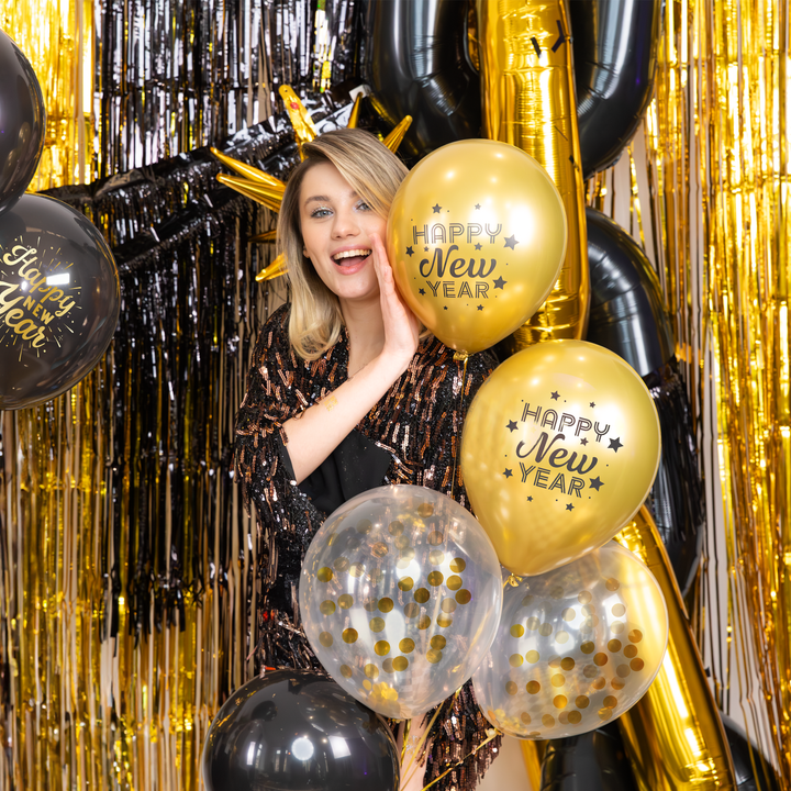 Balony Happy New Year czarno-złote 6szt. zestaw