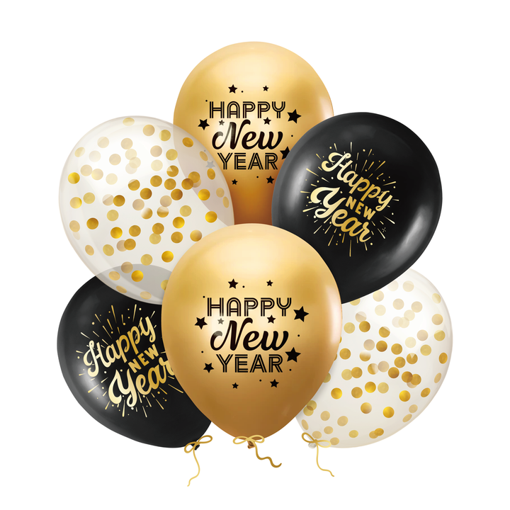 Balony Happy New Year czarno-złote 6szt. zestaw