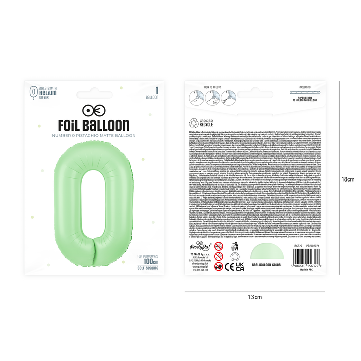 Balon foliowy cyfra 0 pistacjowy matowy 100cm