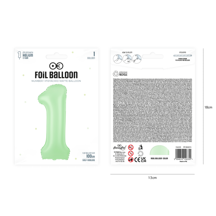 Balon foliowy cyfra 1 pistacjowy matowy 100cm