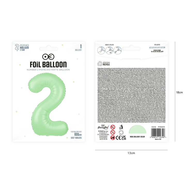 Balon foliowy cyfra 2 pistacjowy matowy 100cm