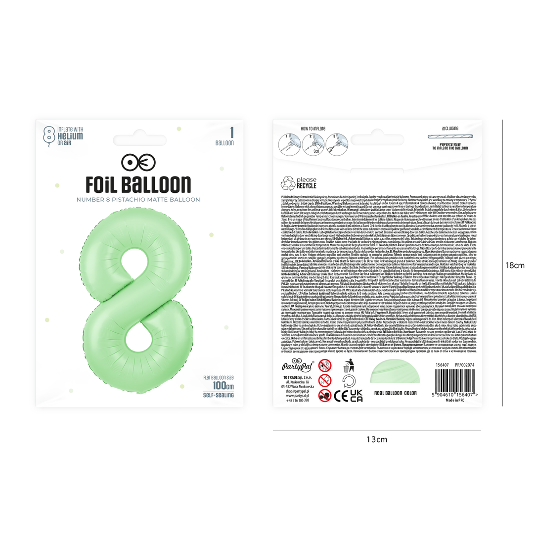 Balon foliowy cyfra 8 pistacjowy matowy 100cm