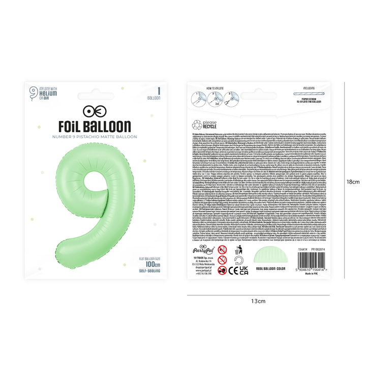 Balon foliowy cyfra 9 pistacjowy matowy 100cm