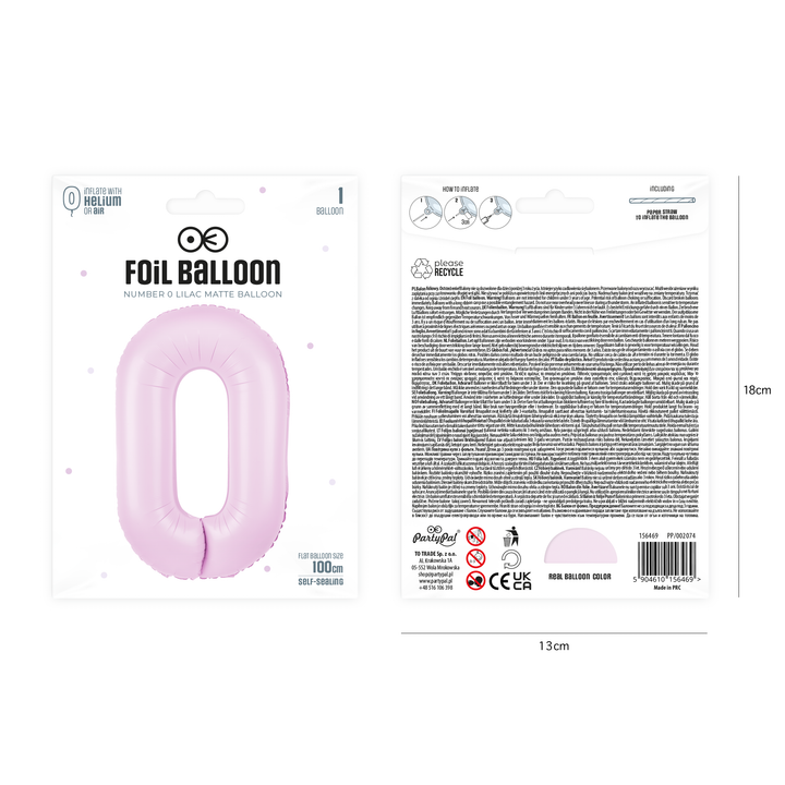 Balon foliowy cyfra 0 liliowy matowy 100cm