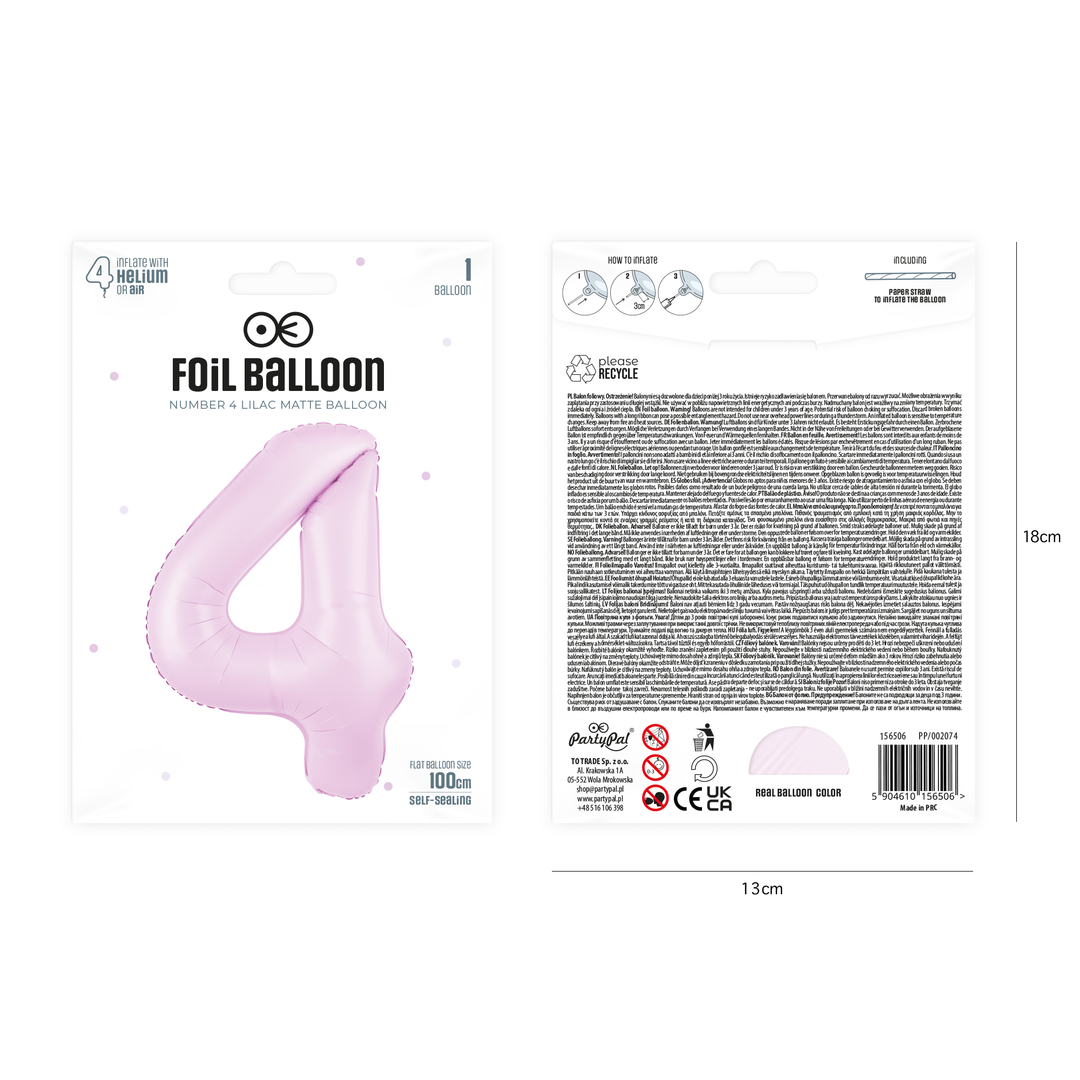Balon foliowy cyfra 4 liliowy matowy 100cm