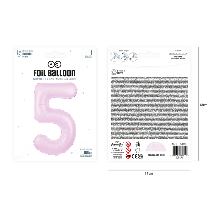 Balon foliowy cyfra 5 liliowy matowy 100cm