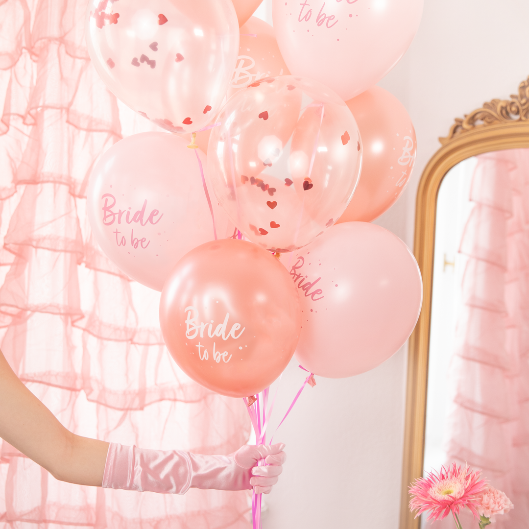 Balony biodegradowalne Bride to be rose gold z konfetti 12 cali 6 szt. zestaw