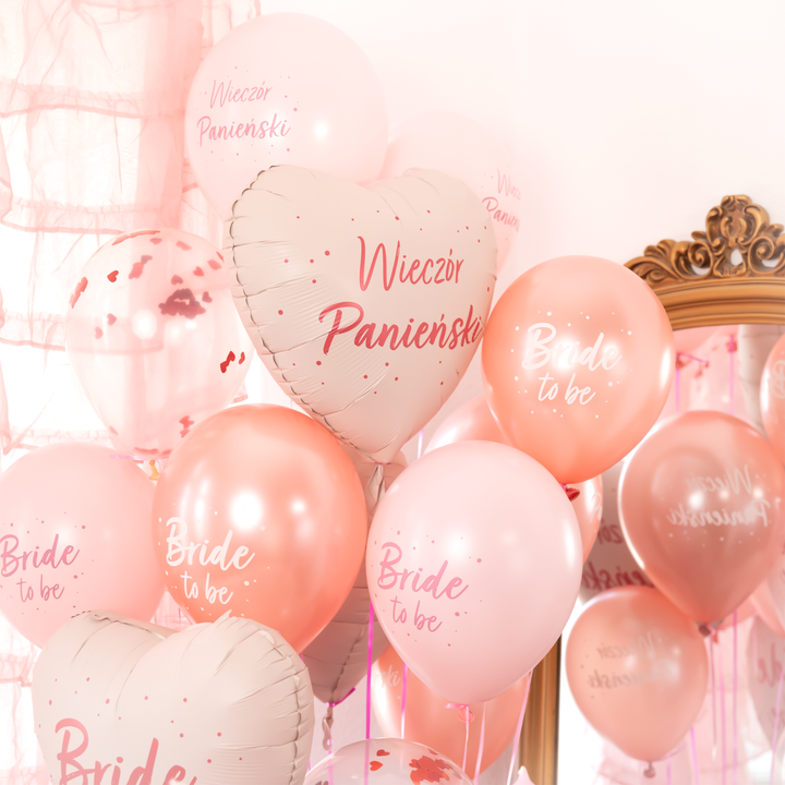 Balony biodegradowalne Bride to be rose gold z konfetti 12 cali 6 szt. zestaw