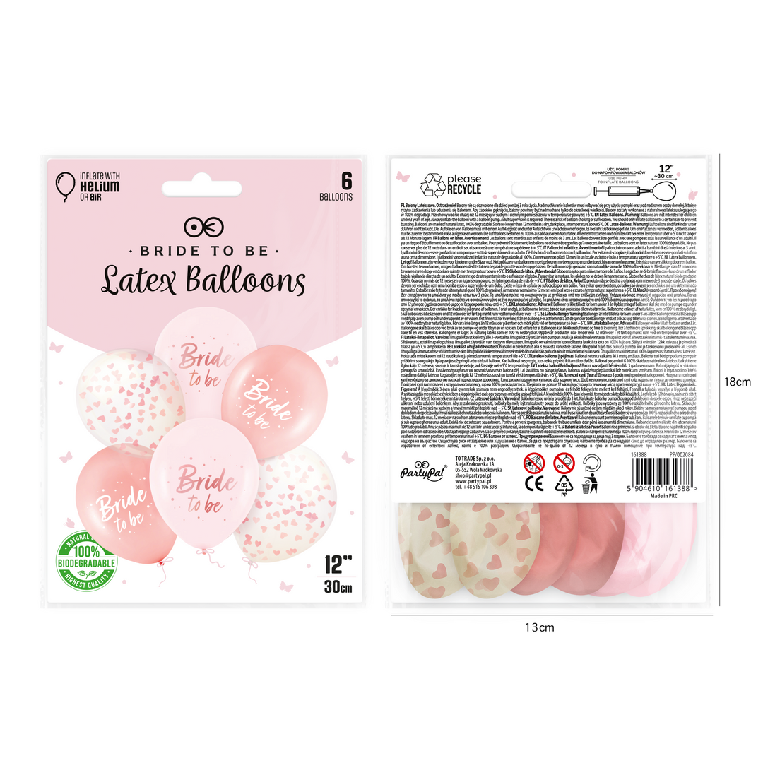 Balony biodegradowalne Bride to be rose gold z konfetti 12 cali 6 szt. zestaw