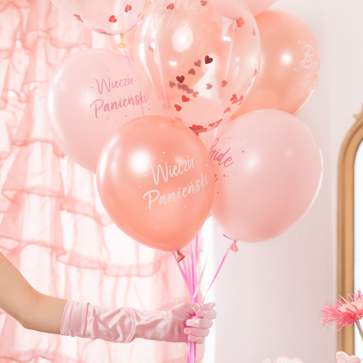 Balony biodegradowalne Wieczór Panieński rose gold z konfetti 12 cali 6 szt. zestaw