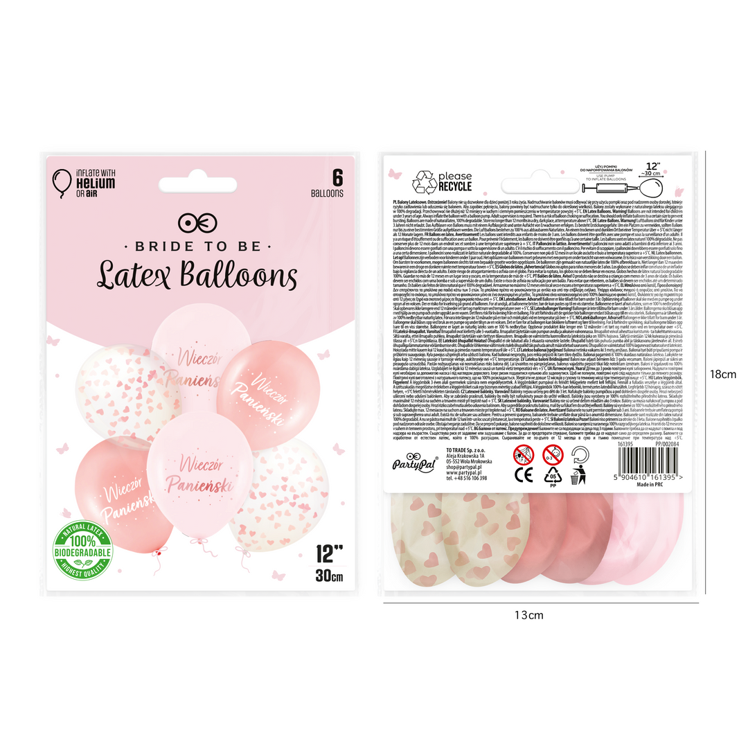 Balony biodegradowalne Wieczór Panieński rose gold z konfetti 12 cali 6 szt. zestaw